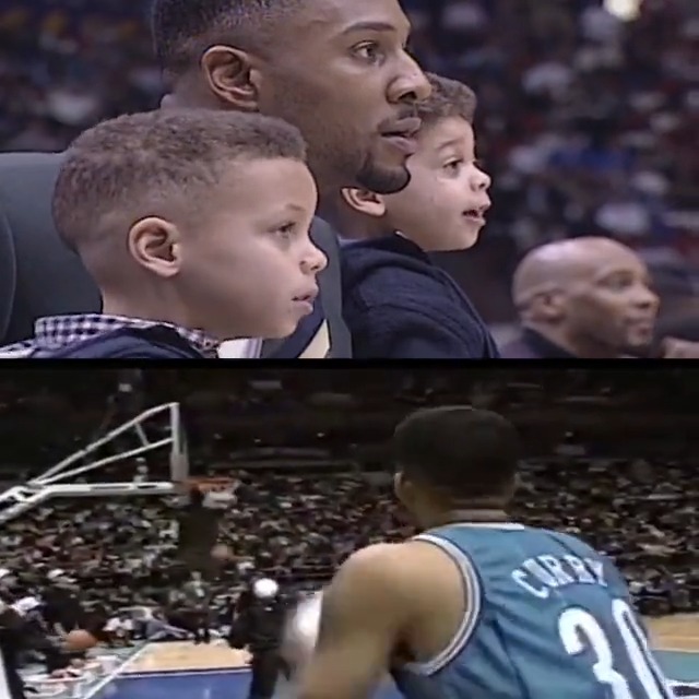 A young Steph and Seth Curry watching their dad compete in the 1994 3-point shootout 📼