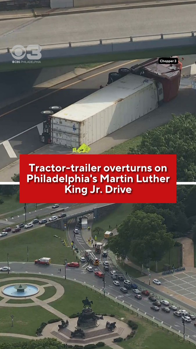 An overturned tractor-trailer in Center City Philadelphia is backing up traffic during the height of rush hour Tuesday afternoon. Chopper 3 was over Martin Luther King Jr. Drive, where the truck was on its side as crews freed the driver and rushed them to Temple Hospital. A hazmat team is responding to the scene after a substance was seen leaking from the tractor-trailer.