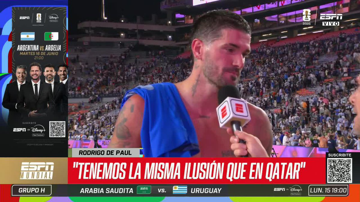 "LO HACE POR TODOS LOS ARGENTINOS... LO NECESITAMOS, LO QUEREMOS Y VAMOS A HACERLO OTRA VEZ POR ÉL" 🇦🇷 De Rodrigo De Paul para Leo Messi ⚡ #ESPNMundial 📺 Mirá los mejores partidos de la #FIFAWorldCup por ESPN, en el Plan Premium de #DisneyPlus