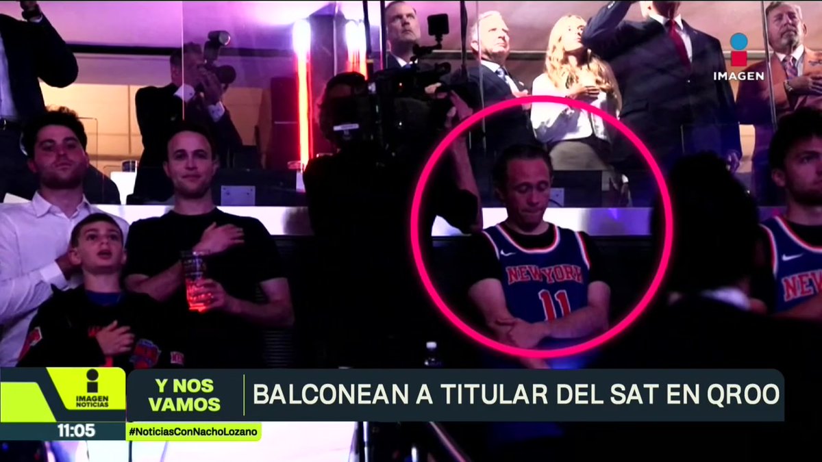 Héctor Contreras, titular del #SAT en #QuintanaRoo, acudió al juego 3 de las finales de la #NBA y fue fotografiado justo debajo del presidente Donald #Trump. Un funcionario estatal, con su jersey Knicks, en asientos donde cada boleto supera los 170 mil pesos mexicanos.