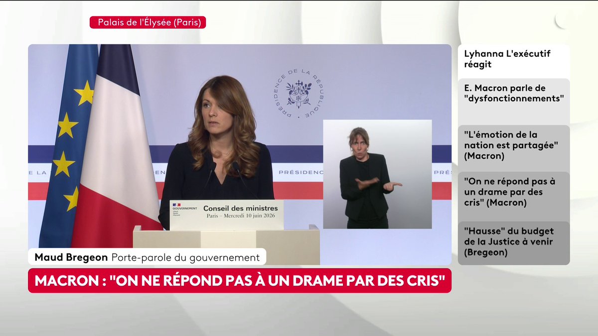 🔴 🗣 Mort de Lyhanna : "Ceux qui prétendent que la démission de Gérald Darmanin résoudrait quelque problème que ce soit manquent de respect et mentent aux Français dans une situation qui est dramatique", déclare Maud Bregeon, porte-parole du gouvernement. #canal16