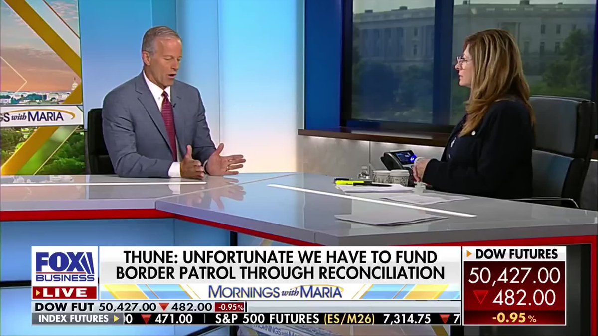 "They seem to be happy with proceeding into an election with this campaign position 'of we are anti law enforcement.'" Senate Majority Leader John Thune told Maria Bartiromo Republicans were left with “no choice” but to use reconciliation to pass the $70B ICE and Border Patrol funding bill. Thune says Democrats walked away from a bipartisan deal after Minneapolis, rejected new reform offers, and let the agencies sit unfunded for weeks. Mornings with Maria | Maria Bartiromo