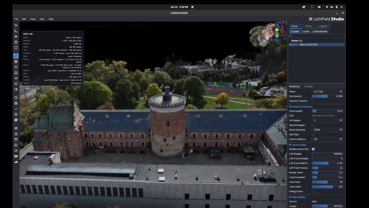 Everybody is stepping into the LOD game, and so is LichtFeld Studio. Preview of 260M Gaussians streaming into the viewer live. I use the RAD format which is processed on GPU within LichtFeld. It can be also simply dumped straight into the spark.js web viewer, albeit it will die at that amount of Gaussians. What other solutions don't tell you is that they need hours to preprocess a 3DGS ply to make it streamable. This was just a ply exported to RAD by LichtFeld Studio's convert tool (took 5 min at that size) and it is immediately ready to stream. In the comments there is a smaller dataset with 103M Gaussians that streams on startup into the viewer. Both datasets were created by Andrii Shramko. Let's see how far I can push this (need bigger datasets)