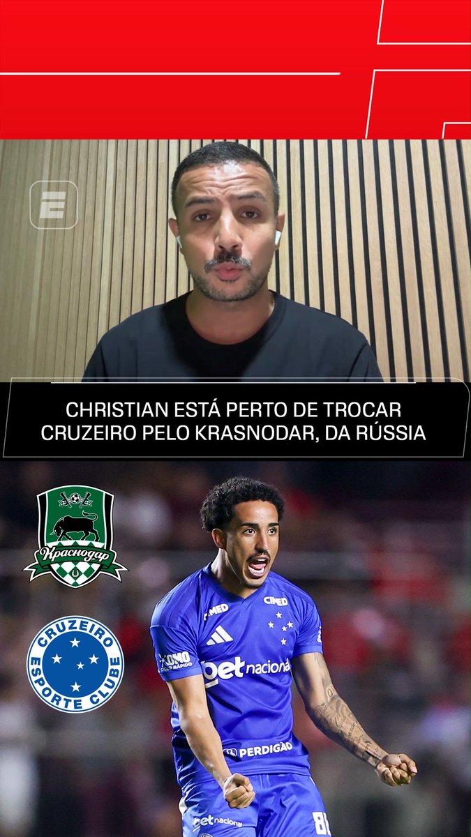 Novos ares? 👀✈️ No Fala a Fonte, Bruno Andrade trouxe novidades sobre o futuro de Christian. O volante está perto de deixar o Cruzeiro e acertar sua transferência para o Krasnodar, da Rússia. 🇧🇷➡️🇷🇺 Saiba TUDO dos bastidores da bola no Fala a Fonte, de segunda a sexta, AO VIVO no YouTube da ESPN Brasil! #FalaFonte #FutebolNaESPN