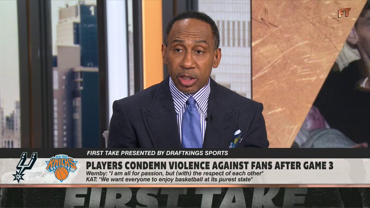 “It’s disgusting, and I think it’s embarrassing that a 22-year-old from France has to remind us about how we’re supposed to act.” Stephen A Smith reacts to the Knicks watch party that ended with 8 arrests ✍️
