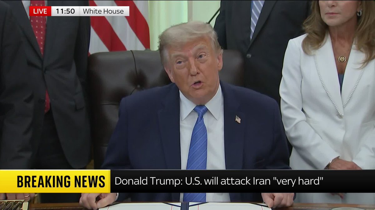 "We hit them hard yesterday, and we're going to hit them again hard today." US President Donald Trump is asked by a reporter to expand on his earlier assertion that Iran "will have to pay the price". Latest: 📺 Sky 501, Virgin 602 and Freeview 233