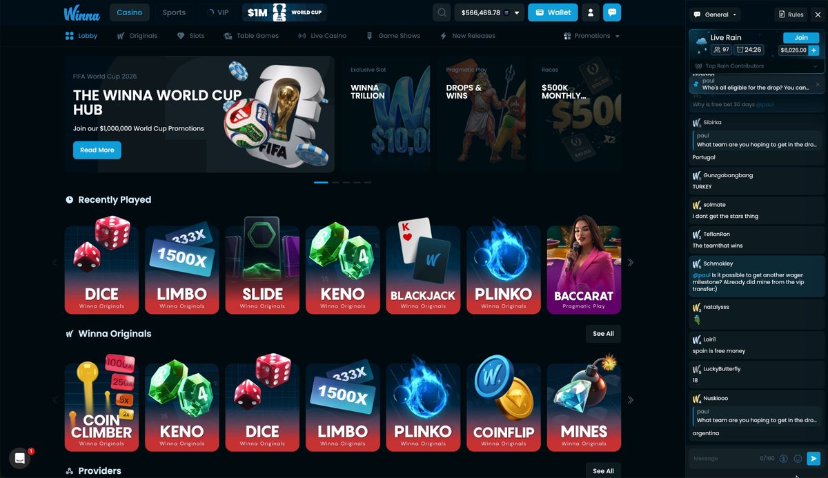 Most crypto casinos are running the same World Cup promos. We decided to do something a little different. Every player active on Winna in the last 6 months will receive a random nation and earn rewards whenever their nation: ⚽ Scores a goal 🏆 Wins a match 🎩 Scores a hat-trick 🥈 Reaches the Final 🥇 Wins the World Cup …and many more rewards! Which nation did you get?