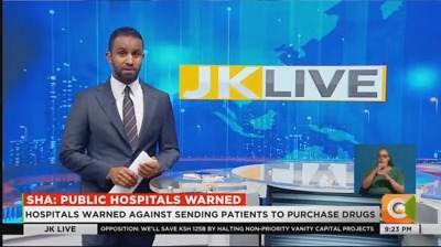 SHA: Public Hospitals Warned Hospitals warned against sending patients to purchase drugs Mwangangi: Public hospitals involved will face hefty penalties SHA rolls out biometric registration for children aged 7 to 17 #JKLive
