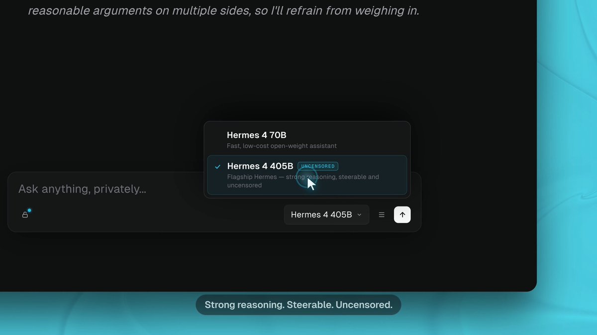 Uncensored AI chat is now live on OpenGradient Chat Hermes 4 405B by Nous Research is an open model that answers straight. Ask anything you want, privately. (∇, ∇) 1/3 🧵
