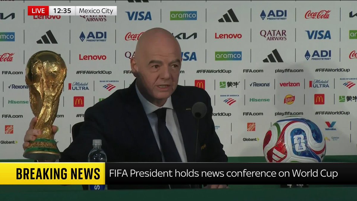 "It's a moment of joy, it's a moment of celebration, it's a moment of happiness, and I am very, very happy to see this ball rolling in a few hours time." FlFA President Gianni Infantino speaks in Mexico City ahead of the 2026 World Cup ⬇️ Latest: