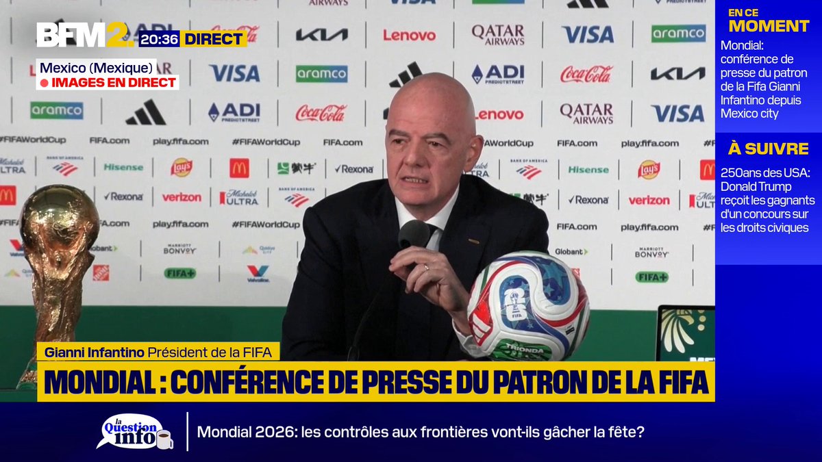 Mondial 2026:"Il y a une siège vide, dans cette salle, et ce siège vide est pour un journaliste: Christophe Gleizes", déclare Gianni Infantino, président de la FIFA qui, "espère vraiment que dans un grand acte d'humanité, il recevra la grâce présidentielle" #BFM2
