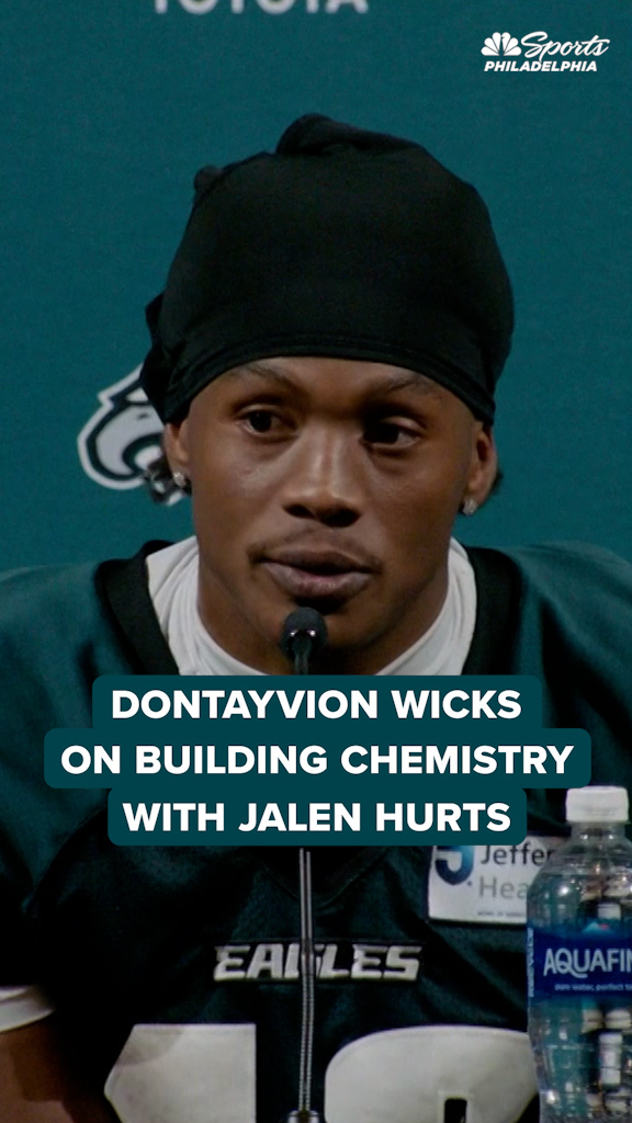"He's one of those guys that wants to talk to us" Dontayvion Wicks says he's building chemistry with Jalen Hurts on and off the field.