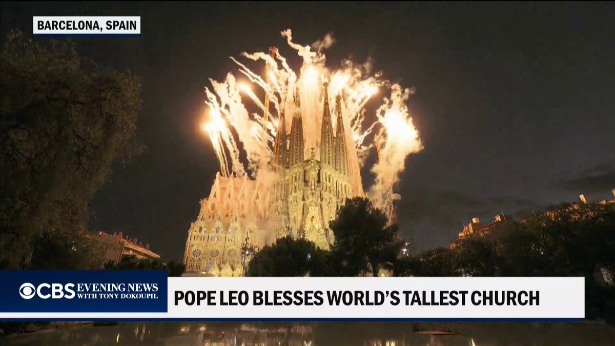 Crowds in Barcelona gather to watch Pope Leo XIV lead a massive celebration at the Sagrada Família's highest tower.