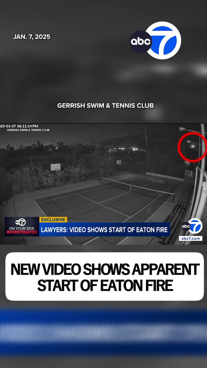 Newly-released surveillance video appears to show two bright flashes in the area where the Eaton Fire began, according to attorneys for Altadena homeowners. The footage, provided by the Gerrish Swim and Tennis Club in Pasadena, was recorded the night of Jan. 7, 2025. The video captures strong winds sweeping through the area before flashes are seen.