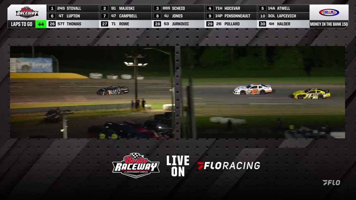 After contact sends Andrew Schied spinning, Carson Hocevar is out of #MoneyInTheBank150. Ty Majeski now leads at Berlin Raceway.