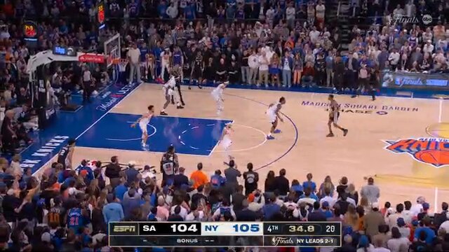 這可能是後Jordan時代，最動人心魄的NBA冠軍賽。NBA總決賽第四場，紐約尼克隊從最多落後29分，打到最後一秒大逆轉，以107：106擊敗馬刺隊，締造NBA決賽史上最大比分的逆轉勝。特別是最後1.2秒，Brunson三分球沒進，但Anunoby飛身把球補進，瞬間引爆全場。也讓一場原本妥妥的「紐約大屠殺」，變成一場「紐約大救贖」。