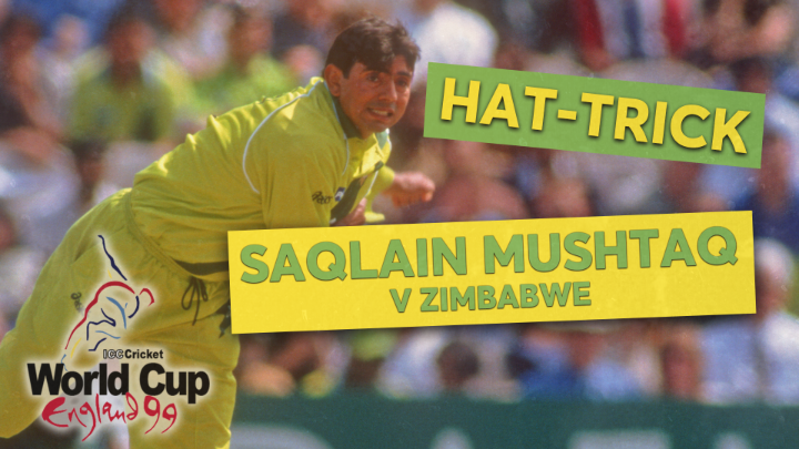 Henry Olonga ☝️ Adam Huckle ☝️ Pommie Mbangwa 🎩 🗓️ #OnThisDay in 1999, Saqlain Mushtaq claimed a World Cup hat-trick against Zimbabwe to help Pakistan win by 148 runs. Scorecard: