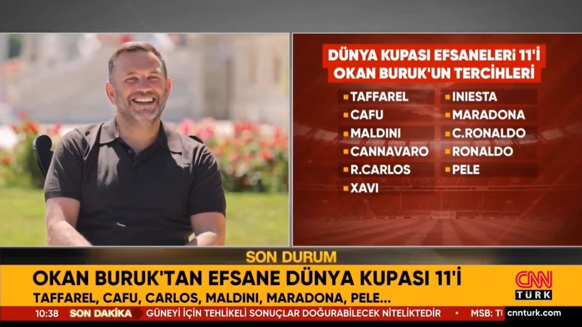 Okan Buruk'un Dünya Kupası efsane 11'i: "Taffarel, Cafu, Maldini, Cannavaro, Roberto Carlos, Xavi, Iniesta, Maradona, Cristiano Ronaldo, Ronaldo, Pele." (CNN Türk)