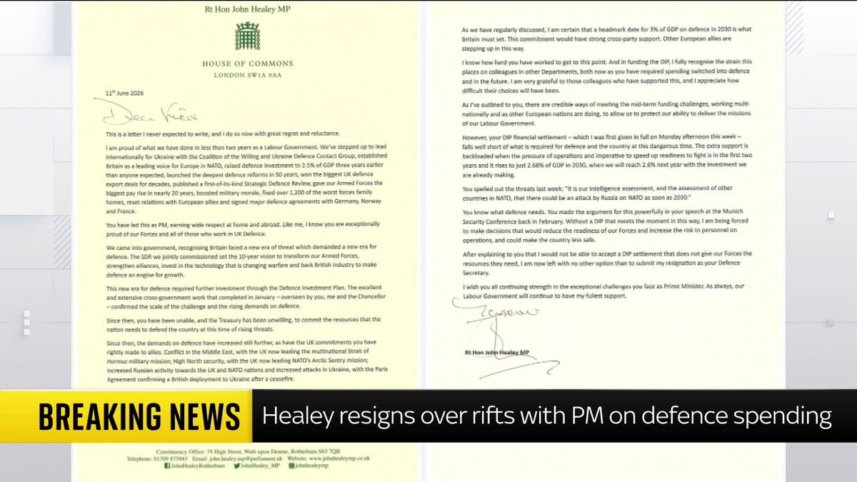 "This is an absolute crisis for the government, for the prime minister" Sky's Deborah Haynes reacts to defence secretary John Healey's resignation letter, which she calls "extraordinary." Read more: