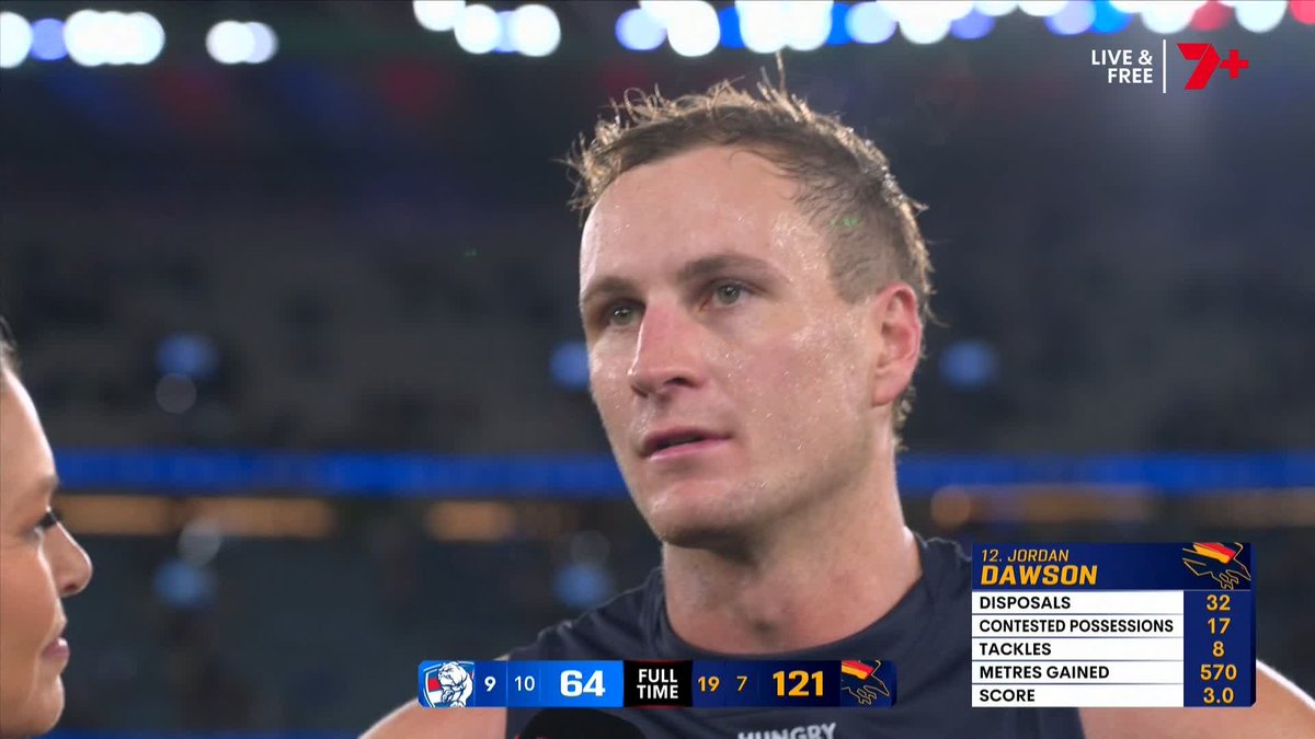 "I've got real clarity in footy and in my role within the team... I was lucky to get on the end of the few (in the first quarter)." 🗣️ Jordan Dawson on his three first quarter goals in #AFLDogsCrows