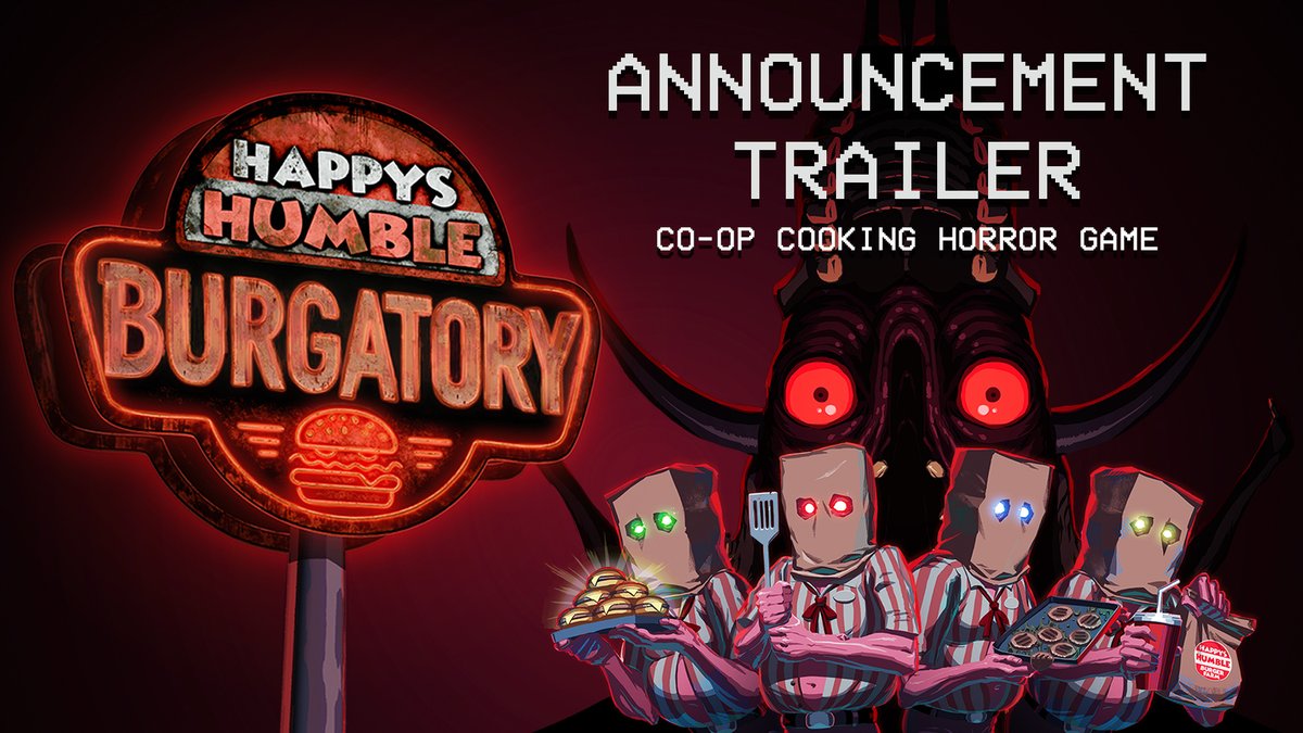 🚨NEW CO-OP HORROR GAME🚨 🍔Happy's Humble BURGATORY is a co-op cooking horror where you serve fast food with friends. Slow service may result in sheer terror - there's a monster lurking around the restaurant... Coming to Steam on July 16! Wishlist: 🍔