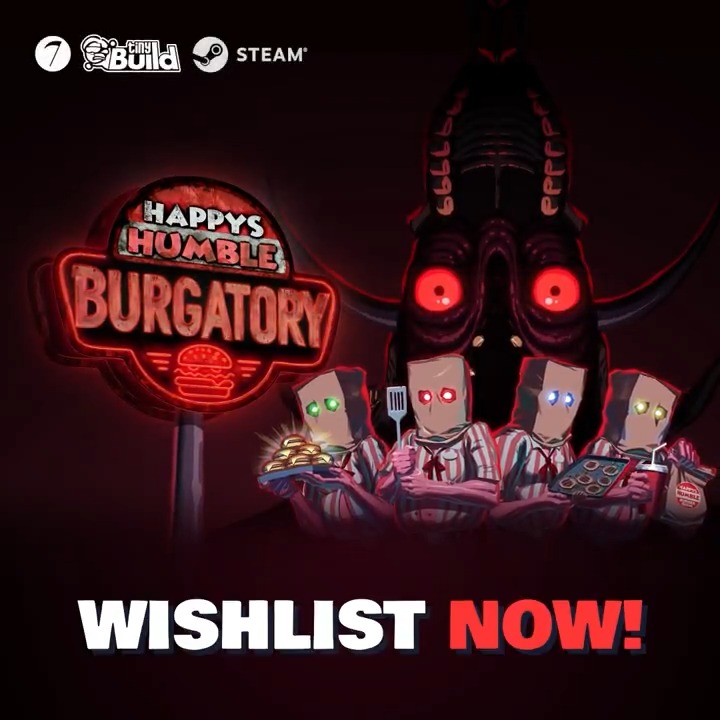 ๐จNIGHT CREW, CLOCK IN๐จ Announcing Happy's Humble BURGATORY ๐ฅค1-4 player co-op horror ๐Think Overcooked but in dystopian HELL ๐Flip burgers or DIE Arriving to Steam July 16, wishlist NOW: ๐