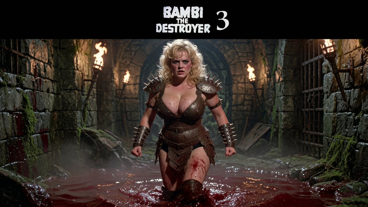 Bambi's back - now with less-revealing-armor. Still experimental phase - but gonna make more episodes. Grok Grok Imagine for images and locations Thank you Invideo for support! 1980s horror fantasy film, for fans of Army of Darkness, Evil Dead 2, Conan, u get it