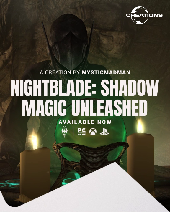 With the "Nightblade" Creation for #Skyrim, walk the path of shadows. Claim ancient wisdom, purchase esoteric tomes, ancient Nightblade relics, and master the arts of Shadow and Poison magic. Featuring brand-new teleportation mechanics!