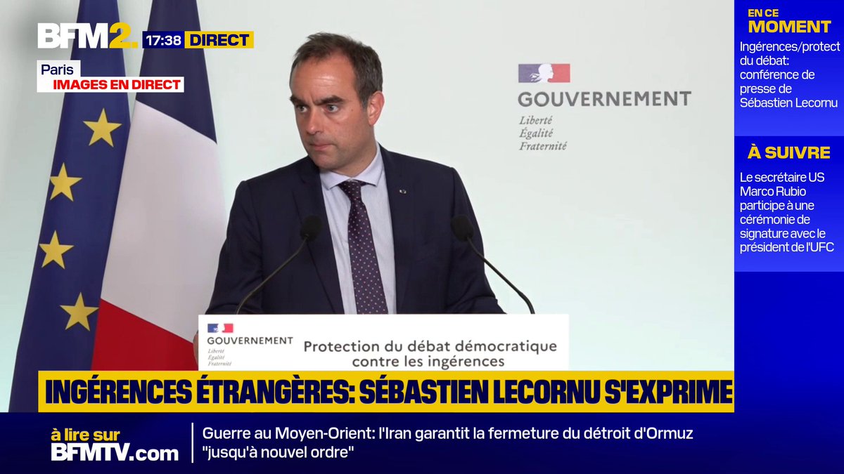 Ingérences étrangères: "Le risque a été significatif sur les municipales sans effets majeurs. Il laisse à entrevoir les perspectives de menaces lourdes sur l'élection présidentielle" prévient Sébastien Lecornu. #BFM2