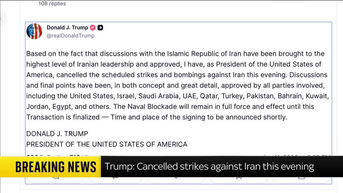 BREAKING: Donald Trump has announced that US strikes against Iran that were scheduled for tonight have been cancelled. Posting on Truth Social, the US President added that progress has been made on agreeing a deal with Iran. Live: 📺 Sky 501 and YouTube