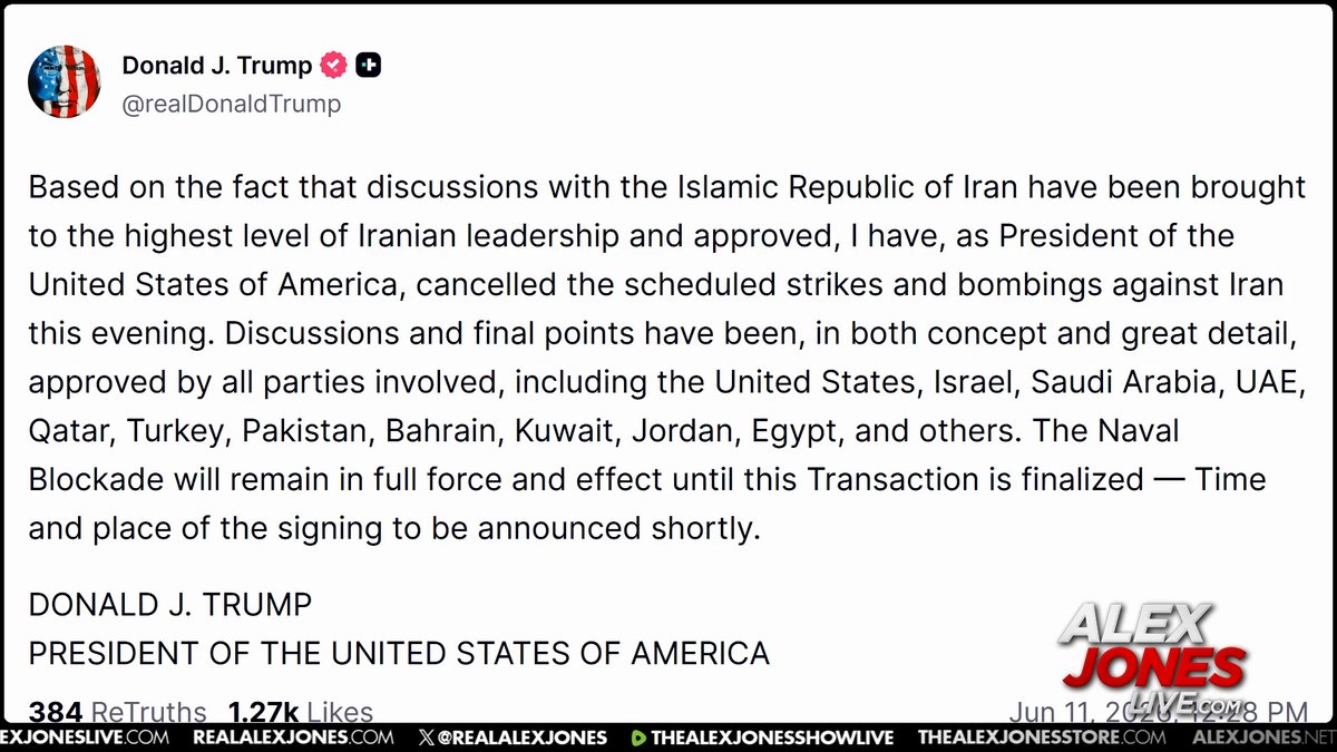 MASSIVE UPDATE: Trump Cancels Massive Strikes On Iran Tonight After Discussions With Highest Level Of Iranian Leadership! Alex Jones Responds To The Whiplash Caused By The President's Flip-Flopping: "I Watch What You Say, I Watch What You Do, And It Is All Over The Map! You Can't Have A President Like That- This Is NOT 3D Chess! 🔴WATCH ALEX JONES LIVE FOR MORE: