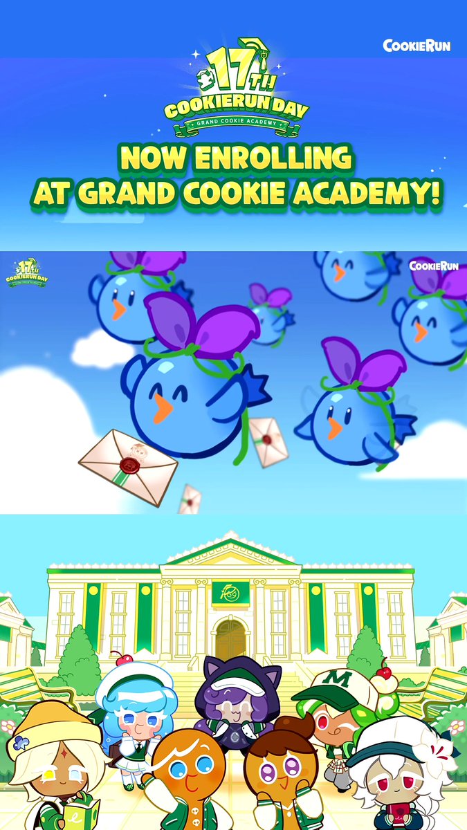 #CookieRun's 17th Anniversary! Enrollment Now Open at Grand Cookie Academy 🏫 👉 Join special anniversary events, earn sweet rewards, and celebrate CookieRun's 17th Anniversary with us! ✨ 👉 #CookieRun17thAnniversary #GrandCookieAcademy