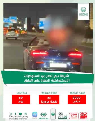القيادة مسؤولية... والوعي أمان. القيادة بتهور والاستعراض بالمركبات سلوكيات خطرة تهدد سلامة مستخدمي الطريق وتعرض الأرواح للخطر. لنحافظ على أمن طرقاتنا بالالتزام بقوانين السير والمرور. #السلامة_المرورية