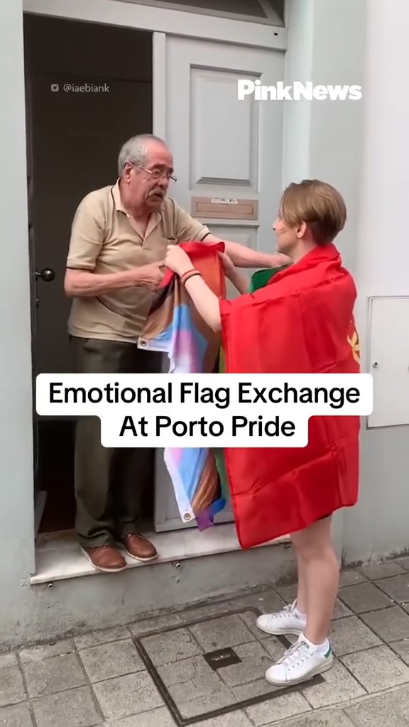 This heart-warming moment was captured during Porto Pride 2024. A local resident came out of their home to hold up a Portuguese flag. Reportedly, some people passing by were first worried he was attempting to disparage the march, but instead, he called for someone in the crowd and gifted them his flag. In exchange, the person gave him their LGBTQ+ flag, with the two embracing in a hug.