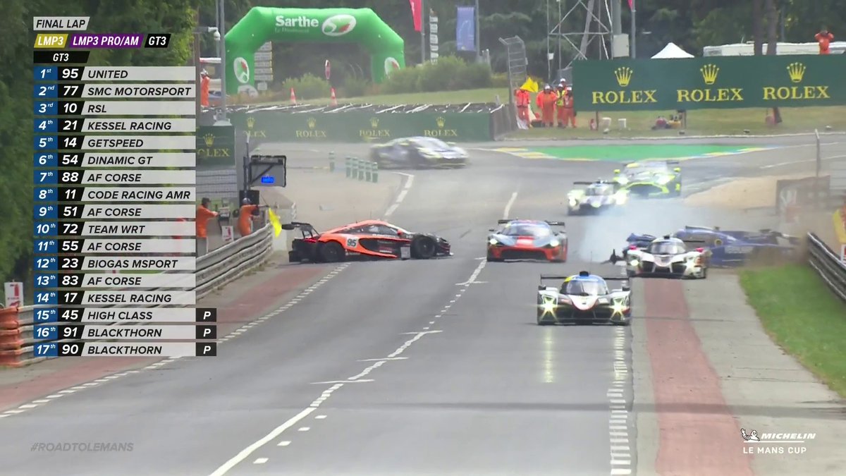 LAST LAP DRAMA 🤯🤯🤯 The No.95 United Autosports is out of the race after a collision involving several cars, and it’s the No.77 SMC Motorsport who wins #RoadToLeMans in GT3! 😱 #LMC #Michelin