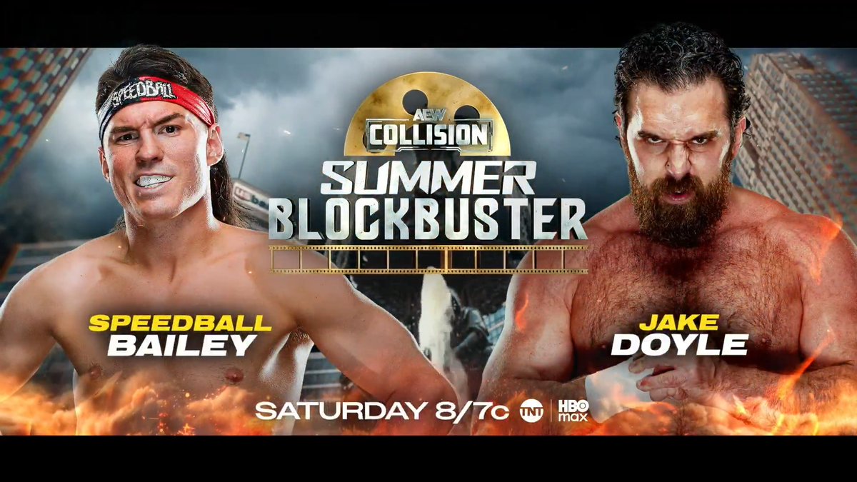 #AEWCollision: Summer Blockbuster 8/7c TNT & HBO Max 2.5 Hour Special! Tomorrow, 6/13! Speedball Mike Bailey vs Jake Doyle After battling his former partner TNT Champion Kevin Knight ケビン・ナイト, Speedball continues his fight with The Invisible Hand Family when he collides vs Jake Doyle, TOMORROW!