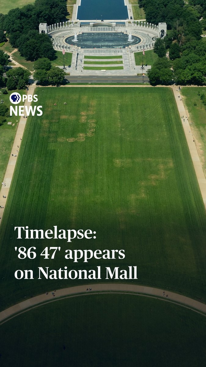 Video taken on June 8 and 9 from atop the Washington Monument shows people gathering on the National Mall shortly before a large anti-Trump message appeared in dead or discolored grass there. Seen from above, the faint outline of the numbers "86 47" can be seen; "86" is slang for removing or getting rid of something, and Trump is the 47th president. The Interior Department says it is investigating. The same number sequence, "86 47," spelled out in seashells was part of an image that former FBI Director James Comey once shared on social media. He's been charged with making threats against the president, which he denies. Footage via EarthCam