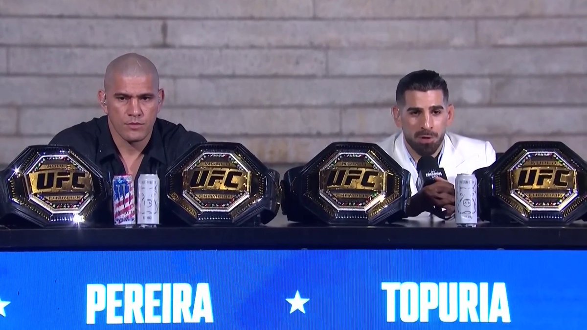 Interrogé sur la possibilité qu’Alex Pereira devienne le GOAT du MMA en remportant une troisième ceinture ce week-end, Ilia Topuria n’a pas hésité : 🗣️ « Quoi qu’il arrive dimanche, pour moi, Alex Pereira est déjà le plus grand de tous les temps. »