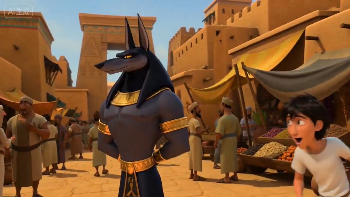 When you randomly meet Anubis on the marketplace. Generated with Seedance 2.0. Prompt: 经典的90年代迪士尼动画风格。 场景一:在熙熙攘攘的埃及集市上,一位人类商人身后跟着他威猛的豺狼卫士阿努比斯。商人开始与另一位商人交谈,阿努比斯站在一旁,双手背在身后,露出腋窝,姿态优雅,表情严肃而漫不经心。 场景二:两位商人正忙着交谈时,一位年轻的人类男子好奇地走到阿努比斯身边,打招呼道:“哦,这里好像没见过你。”阿努比斯漫不经心地瞥了他一眼,便置之不理,显然对他不感兴趣。见阿努比斯不理他,男子掏出一根羽毛,带着一丝狡黠的笑容说道:“让我帮你放松一下。”说着,他便将羽毛伸向阿努比斯的腋窝。 场景3:特写镜头,羽毛轻轻地在阿努比斯的腋下上下拂过,动作不断重复,背景中传来阿努比斯压抑的咯咯笑声,表明他非常怕痒。 场景4:特写镜头,阿努比斯的上半身,年轻男子用羽毛在阿努比斯的腋下上下拂过,阿努比斯咧嘴一笑,闭着眼睛,先是发出压抑的咯咯笑声,然后突然放声大笑。 场景5:年轻男子继续用羽毛挠阿努比斯的腋下,阿努比斯咯咯地笑个不停,不由自主地抬起手臂,但这反而让他的腋下更容易被羽毛挠到。年轻男子继续挠阿努比斯的腋下,阿努比斯笑得更厉害了。 场景6:两个商人听到阿努比斯的笑声,疑惑地转过身来。现在我们看到阿努比斯躺在地上,双臂微微抬起,露出腋窝。一个年轻人跪在他旁边,用羽毛不停地挠他的腋窝,一边说着“咯咯咯”,阿努比斯闭着眼睛,哈哈大笑。 阿努比斯肌肉发达,手臂和脖子上都戴着环。他赤裸着上身,嗓音低沉浑厚。对话为英语。