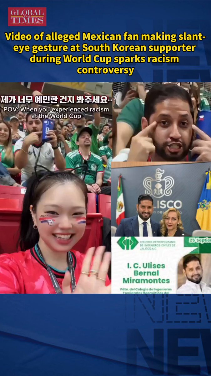 A video showing a man making a slant-eye gesture to a South Korean spectator during a FIFA World Cup match has gone viral on social media on Saturday, triggering heated controversy over the gesture widely seen as racism among Asian people, with calls from some netizens for the man featured in the video to apologize.