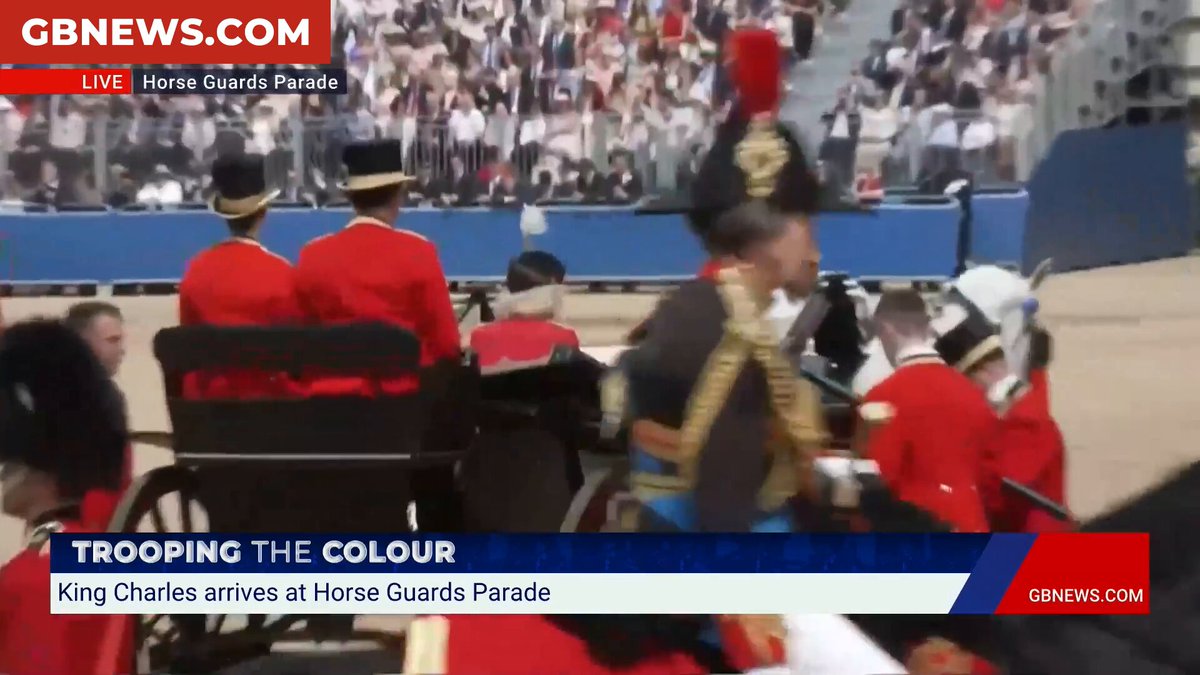 The King, the Queen and Princess Catherine take their seats in Horse Guards Parade to inspect the troops for Trooping the Colour.
