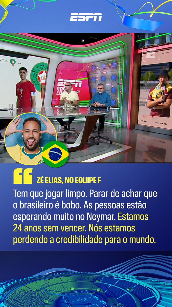 DESABAFOU! 😳 No Equipe F, Zé Elias fez um forte desabafo sobre a atual situação de Neymar e pediu que a CBF seja mais sincera com os brasileiros sobre a condição física do camisa 10 do Brasil e do Santos. O ex-jogador ainda reforçou que há 24 anos a seleção brasileira não vence uma Copa do Mundo e vem perdendo credibilidade ao redor do mundo. #ESPN2026 #Brasil #CopaDoMundo #Neymar