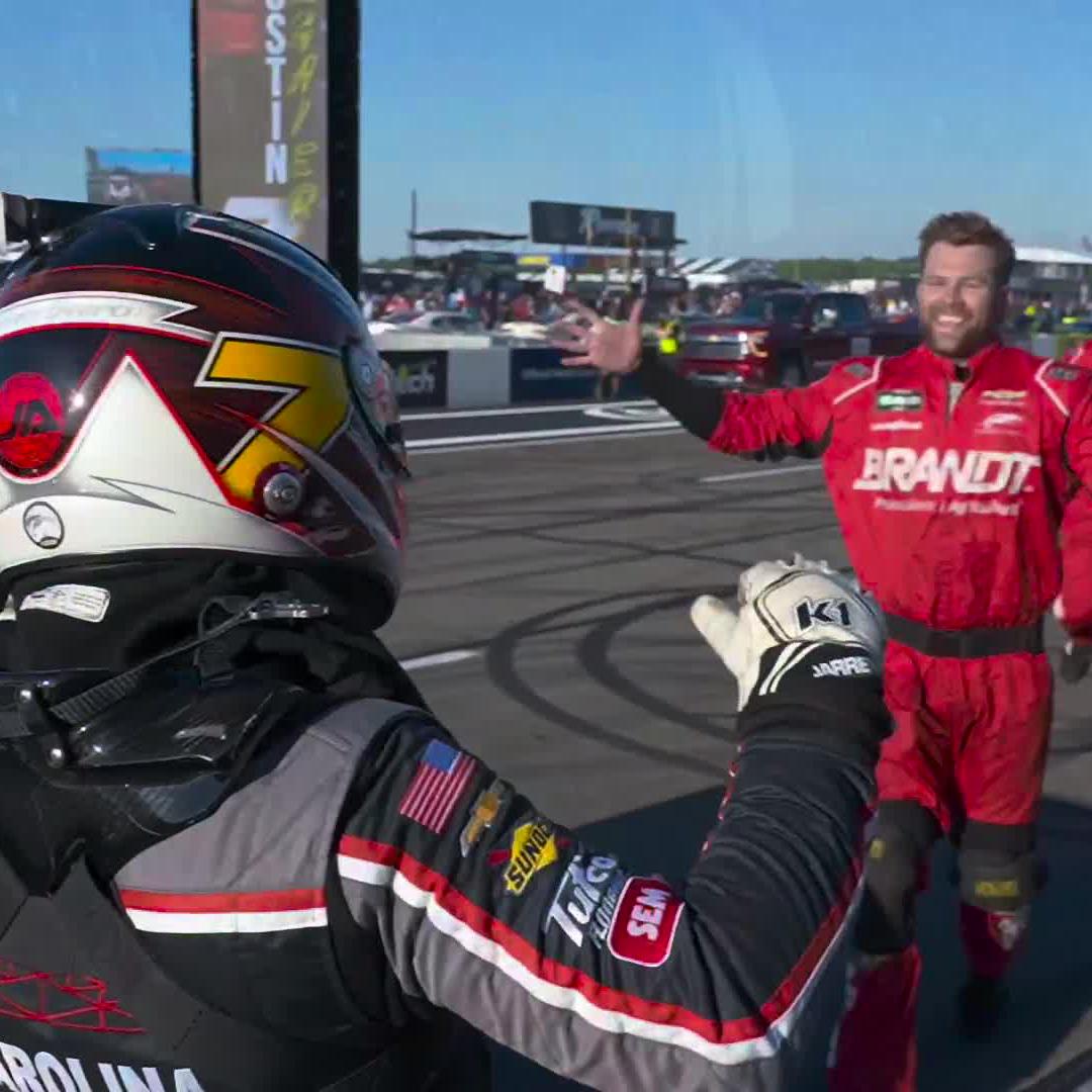 It's a family affair! Dale Earnhardt Jr. hops in the No. 7 to head to victory lane.