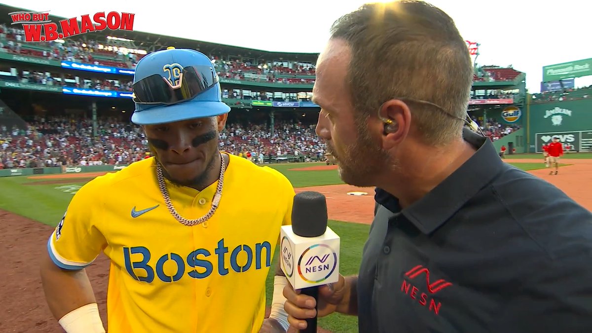 Ceddanne Rafaela with Adam Pellerin following the W ⬇️ On his 2-out, 2-RBI knock: "I always want to be in those moments, to help my team out... every win matters." 🎙️ presented by W.B. Mason Co.