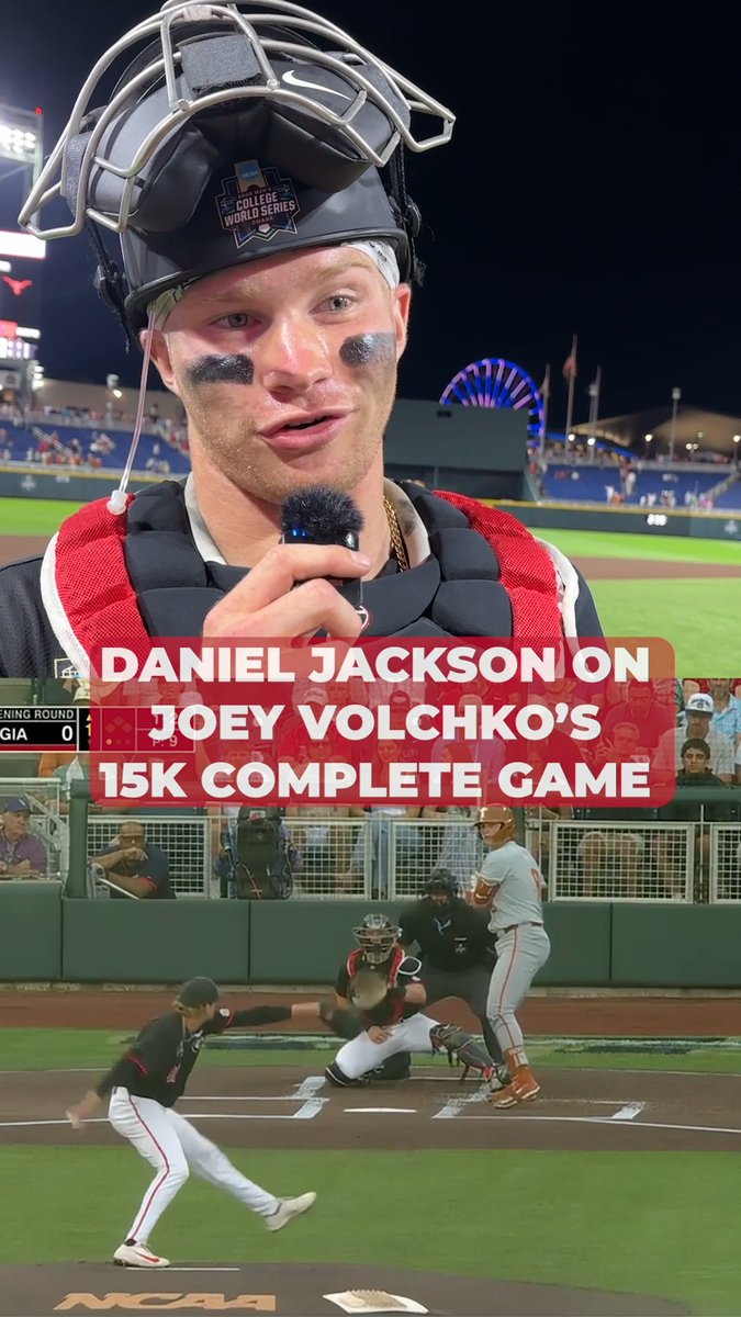 "I don't think I've ever been a part of something that cool." Battery-mate Daniel Jackson reacts to catching Joey Volchko's 15 strikeout complete game #MCWS x Georgia Baseball