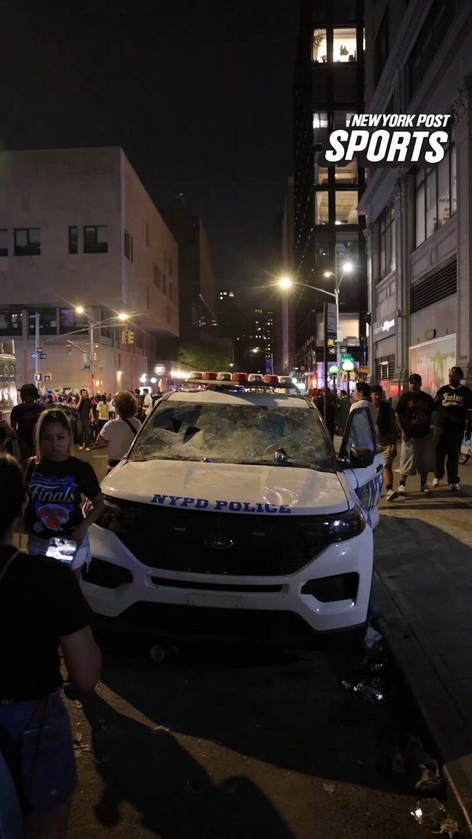 NYPD SUV gets smashed in during Knicks' NBA championship celebration