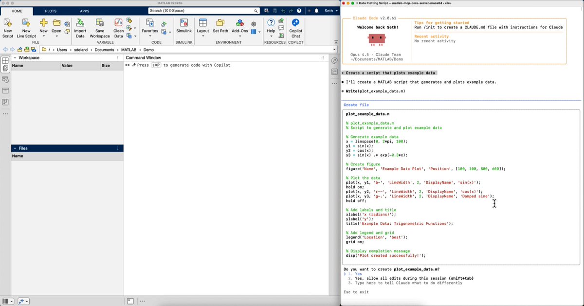 MATLAB R2026a has new features for Economists 👇 🤝 Integrate MATLAB into Agentic AI Workflows (as shown) to review macroeconomic model code, debug state-space and forecasting workflows, and generate econometric analysis. ...and More! 🔗