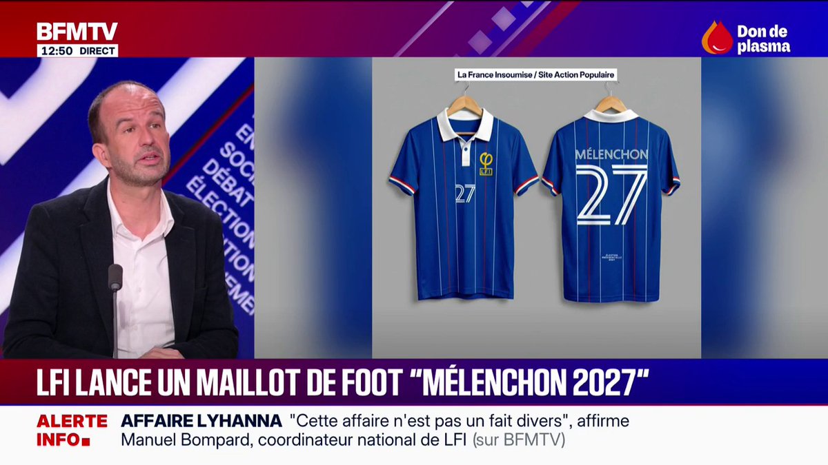 Un maillot du Mondial "Mélenchon 27": "Il est fabriqué dans un pays de l’Union Européenne. (…) Je crois en Pologne", explique Manuel Bompard