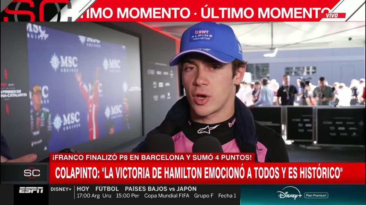 ES UN DÍA HISTÓRICO PARA LA F1, ES EL PILOTO CON MÁS AURA". Franco Colapinto se deshizo en elogios para Lewis Hamilton luego de que el británico consiga su primer triunfo en Ferrari. 📺 #BarcelonaGP | Toda la temporada de #F1 por #DisneyPlus Plan Premium