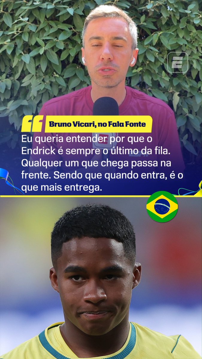“Eu queria entender por que o Endrick é sempre o último da fila. Com Dorival ele também era. Qualquer um que chega passa na frente dele. Pedro, Kaio Jorge, Igor Jesus, Igor Thiago, Luiz Henrique, Rayan…” 🎙️ Bruno Vicari. 🎥 ESPN Brasil | SportsCenter Brasil